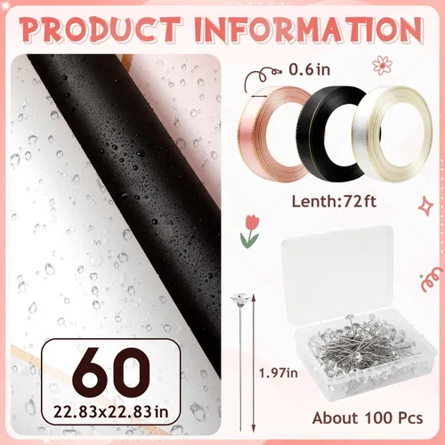 Miniatura 2 de KFPPLXQ Juego de 60 hojas de papel de regalo de flores de rosa, papel de regalo floral impermeable de 22.8 pulgadas con 3 rollos de cinta
