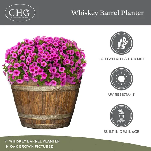 Miniatura 4 de Macetas de Barril de Whiskey Classic Home & Garden - Maceta de Flores con Acabado de Madera - Elegantes Macetas de Jardín - Macetas de Resina