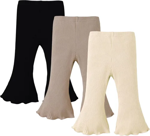 SOBOWO Pantalones acampanados para bebé, paquete de 3 unidades para niña pequeña, color liso, acanalado, con volantes, pantalones acampanados,