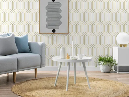 Miniatura 4 de Safiyya Papel tapiz para despegar y pegar, papel de contacto geométrico blanco y dorado, texturizado moderno, autoadhesivo, extraíble