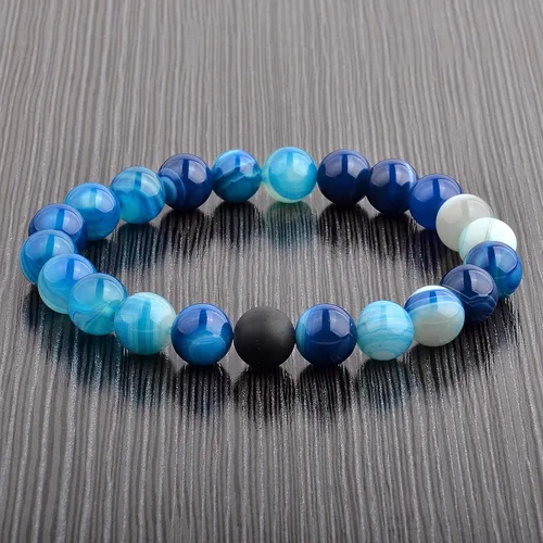 Miniatura 6 de Pulsera elástica con cuentas de ágata azul pulido y ónix mate para hombre (0.413 in de ancho), talla única, Microfibra, ágata azul