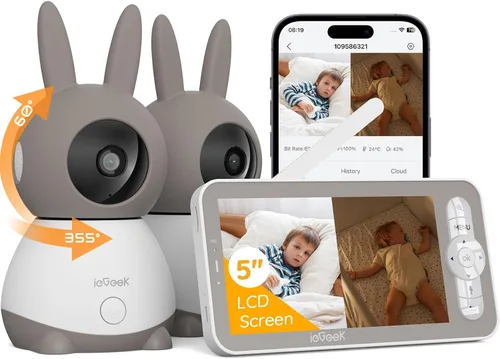 ieGeek Monitor de Bebé con Pantalla Dividida 2K, Monitor de Bebé de Audio de 5 Pulgadas con 2 Cámaras, Video WiFi para Smartphone Cámara Dual,