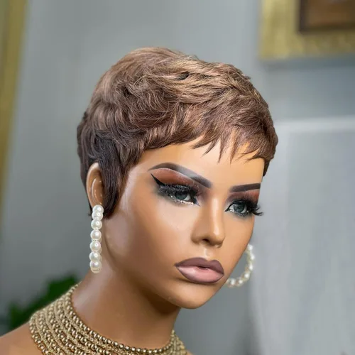 Miniatura 27 de PangDongLai Pelucas de cabello humano con corte Pixie para mujeres negras, pelucas de corte Pixie en capas con flequillo, sin pegamento, cabello