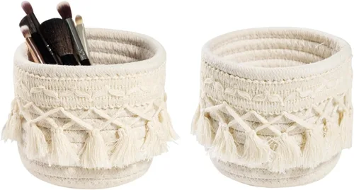 HEAVYWOOD Organizador de brochas de maquillaje de macramé de 3.9 x 3.9 pulgadas, mini contenedores de maquillaje, bohemios, pequeños, redondos,