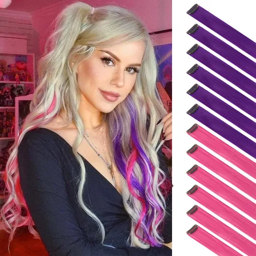 Miniatura 44 de FESHFEN Extensiones de cabello con clip de colores, 16 piezas de 8 colores resaltados, piezas de cabello sintético lacio con clip para mujer, 22