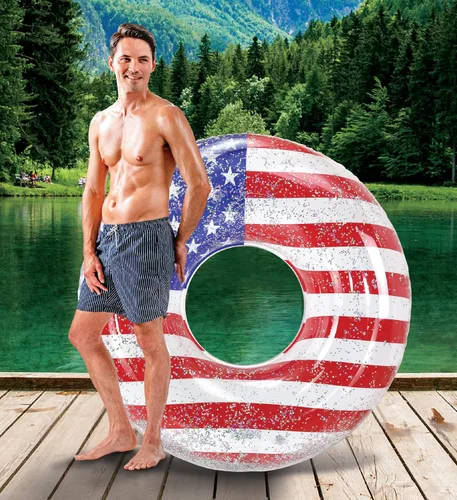 Miniatura 5 de POZA Flotador inflable de piscina de Estados Unidos – Lujosa tumbona divertida llena de confeti de estrellas plateadas brillantes, diseño de bandera