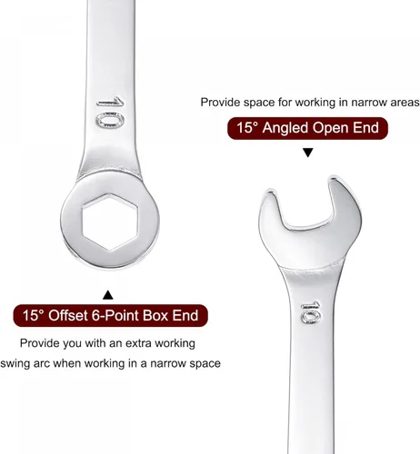 Miniatura 4 de uxcell Llave combinada delgada con extremo de 6 puntos compensado y extremo abierto angular, chapado en cromo espejo métrico de acero al carbono