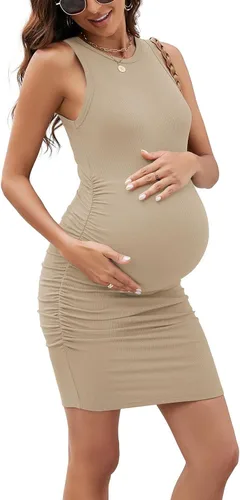 Miniatura 5 de Moyabo Vestido sin mangas de maternidad, vestido ajustado de verano fruncido lateral para uso diario o baby shower