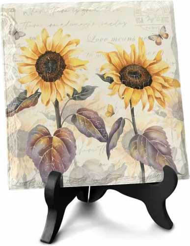 Placa de cerámica de girasol con soporte de madera, hojas marrones rústicas, florales, mariposas, vintage, beige, decoración de escritorio, regalos