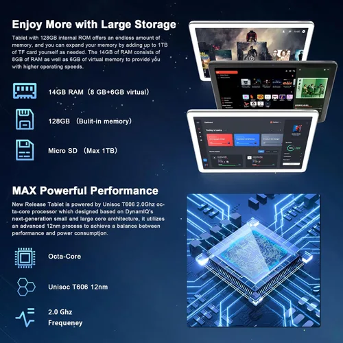 Miniatura 3 de Tablet Android 15 2026, tabletas de 10 pulgadas con almacenamiento de 128 GB, 14 GB de RAM, 1 TB expandible, tabletas celulares 4G duales