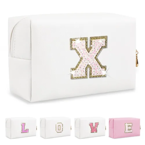 Miniatura 44 de Pequeña bolsa de maquillaje personalizada con inicial A-Z Preppy Patch, bolsa de cosméticos de viaje de felpilla blanca con cremallera, bonita bolsa