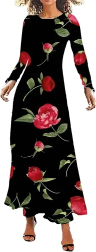 2023 Vestido de manga larga con cuello vuelto para mujer, estilo vintage, con volantes, vestido largo bohemio casual acampanado
