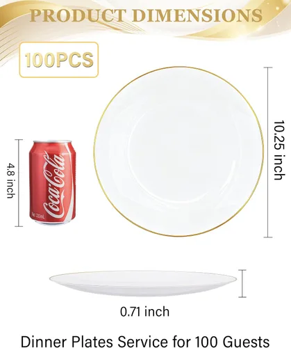 Miniatura 3 de Nervure 100 piezas, platos de plástico dorados - Platos de cena dorados de 10.25 pulgadas - Platos desechables con peso, blancos y dorados, ideales