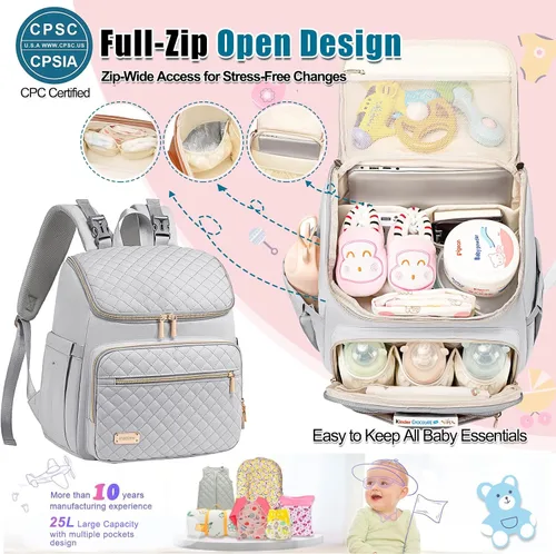 Miniatura 4 de Weitars Mochila para pañales grande con cambiador, mochila para pañales de viaje, bolsa de bebé para niños y niñas, correas de cochecito, 5 Gris
