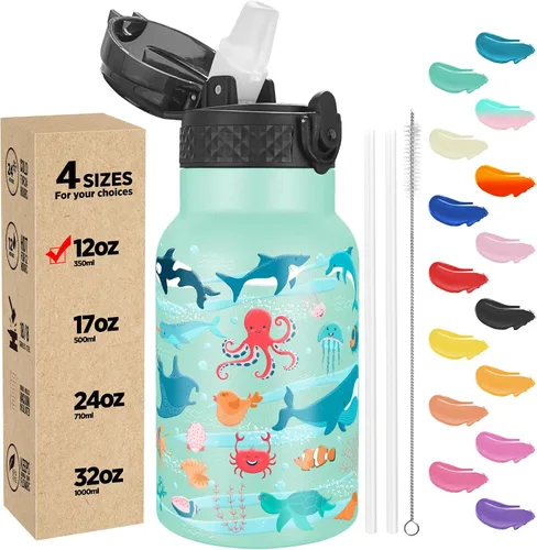 Miniatura 28 de Han's Bottle - Botella de agua para niños con tapa con pajilla - Vaso reutilizable de acero inoxidable aislado para niñas, niños, taza termo, 17