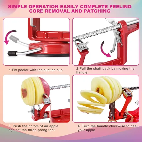 Miniatura 5 de Pelador de manzanas, cortador de patatas 3 en 1, acero inoxidable resistente con base de ventosa y 3 cuchillas adicionales (rojo)