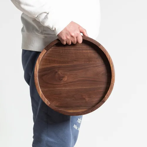 Miniatura 5 de Bandeja redonda de mesa otomana de 13 x 13 pulgadas, bandeja circular de madera maciza de nogal negro con asa para otomana de gran