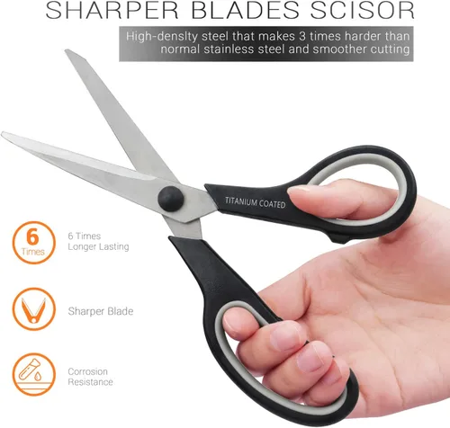 Miniatura 5 de Tijeras multiusos de 8 pulgadas con revestimiento de titanio, tijeras afiladas resistentes para diestros o zurdos, asas de agarre cómodo