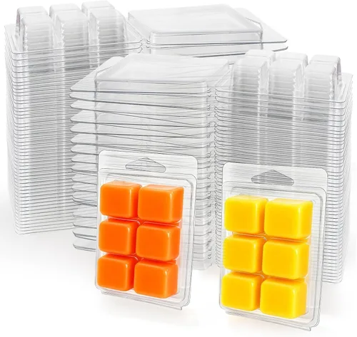 Jucoan Paquete de 100 moldes de plástico para cera derretida, 6 cavidades cuadradas transparentes para derretir cera para manualidades, velas