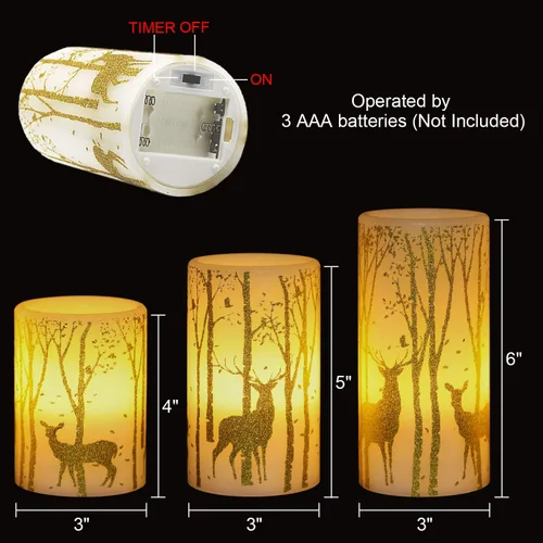 Miniatura 5 de GenSwin Velas parpadeantes sin llama que funcionan con pilas con temporizador de 6 horas, velas LED de cera real, calcomanías de ciervo, luz cálida