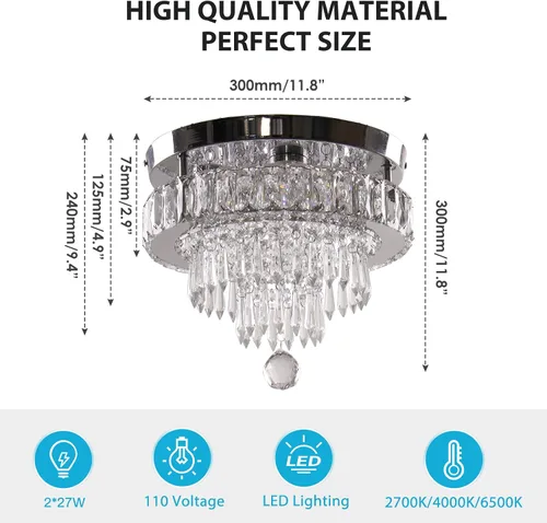 Miniatura 5 de Lámpara de Araña de Cristal Regulable de 11.8", Luz de Techo de Cristal, Lámparas de Araña Modernas de Montaje al Ras, Lámpara de Techo