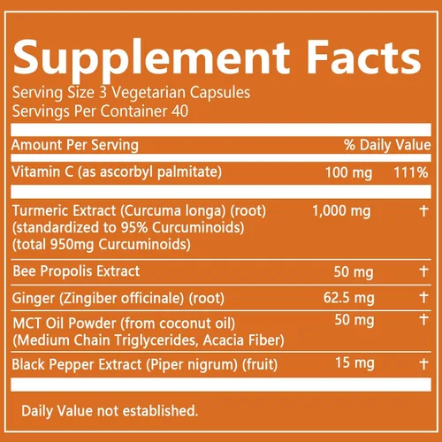 Miniatura 2 de Curcumina de cúrcuma 95 1000 mg - Suplemento de complejo de cúrcuma 95% con propóleos de abeja, jengibre, aceite MCT, vitamina C soluble en grasa