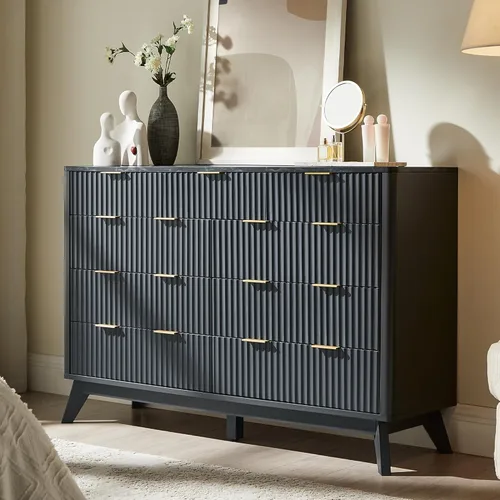Miniatura 30 de T4TREAM Cómoda acanalada de 3 cajones, cómoda moderna de 32 pulgadas de alto, diseño de perfil curvo, organizador de cajones de madera para Aliso