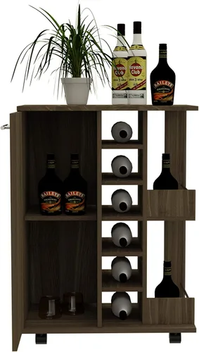 Miniatura 8 de Tuhome Carrito de bar, dos estantes externos, cuatro ruedas, seis estante de vino incorporado, gabinete de una sola puerta - nogal oscuro Amaretto