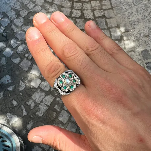Miniatura 8 de Men Handmade Emerald Stone Ring, Rotating Split Ring, Micro Stone Ring, Ottoman Style Silver Ring, 925k Sterling Silver Ring
