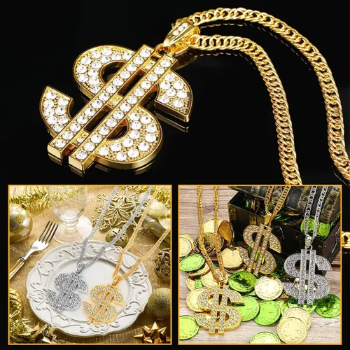 Miniatura 5 de Collar de cadena chapada en 4 piezas para hombre con colgante de signo de dólar, collar de dólar