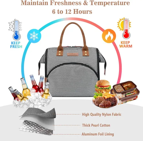 Miniatura 3 de LOKASS Bolsa de Almuerzo Aislada Caja de Almuerzo Bolsa Tote de Almuerzo de Apertura Amplia Soporte Grande para Bebidas Organizador Térmico de Lona