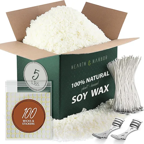 Hearth & Harbor - Suministros de fabricación de velas de cera de soya natural - 5 libras de cera de soya con 100 mechas de algodón y 2 dispositivos