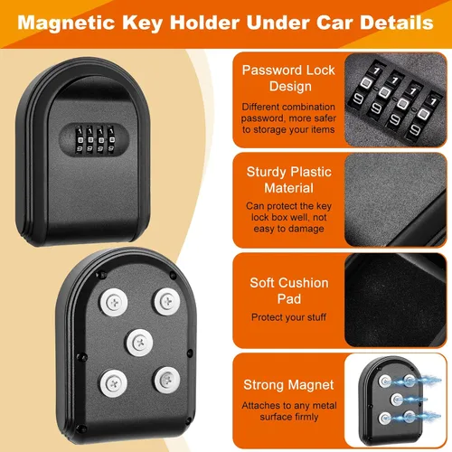Miniatura 3 de Soporte magnético para llaves con cerradura, caja de cerradura magnética oculta debajo del automóvil, combinación segura de 4 dígitos con código