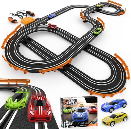 Juegos de carreras de autos con 4 autos de carreras de alta velocidad, batería o pista de carreras eléctrica para niños y niños, doble juego de
