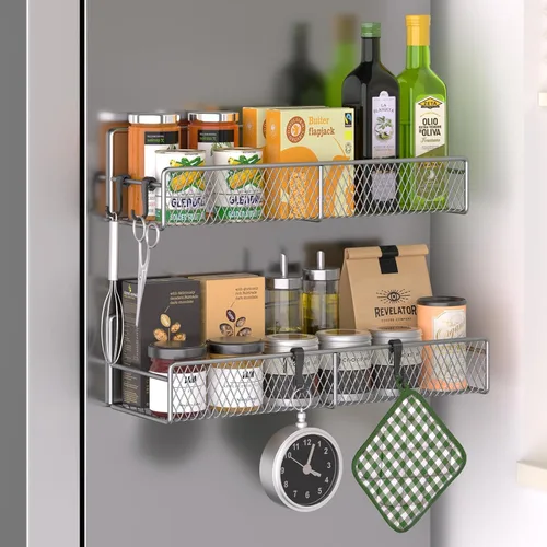 Miniatura 27 de Estante magnético para especias para refrigerador, paquete de 7 estantes magnéticos fuertes 100% de metal, organizador de especias con soporte