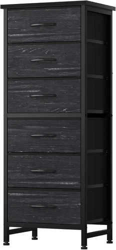 Miniatura 12 de Sweetcrispy Cómoda alta de tela para dormitorio, cómoda delgada de 6 cajones, torre de almacenamiento estrecha con parte superior de madera y marco