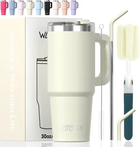 Miniatura 28 de Vaso de 20 oz con asa, vaso con tapa y pajita, vaso de doble pared con aislamiento de acero inoxidable para viajes (frío durante 34 horas), botella
