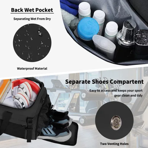 Miniatura 4 de Eackrola Bolsas de gimnasio para hombre con compartimento para zapatos, bolsa de lona deportiva con bolsillo húmedo para mujer, 65L, Negro, Gimnasio