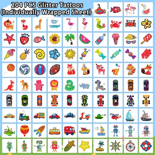 Miniatura 5 de Partywind 408 tatuajes temporales para niños, calcomanías de tatuaje falso con brillo y purpurina para niños y niñas, suministros de fiesta, lindos