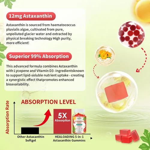 Miniatura 4 de Gomitas de suplementos de astaxantina de 12 mg: suplemento antioxidante para apoyar la salud de los ojos, la piel, las articulaciones y el sistema