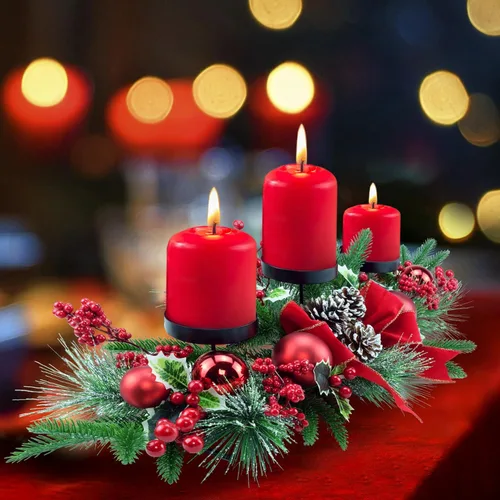 Miniatura 8 de YULETIME Candelabro triple de Navidad de 28 pulgadas, portavelas navideño con tres bandejas, bolas doradas, bayas y hojas doradas, agujas de pino