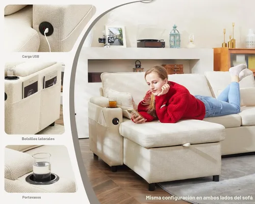 Miniatura 4 de DURASPACE Sofá cama extraíble 2 en 1 sofá cama seccional con almacenamiento, USB, soporte para tazas, sofás seccionales extraíbles para apartamento