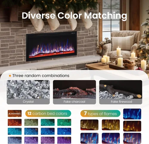 Miniatura 4 de PPHI Villa - Chimenea eléctrica ultra estrecha de 42 pulgadas, chimenea realista de alta llama montada en la pared/empotrada con cama multimedia