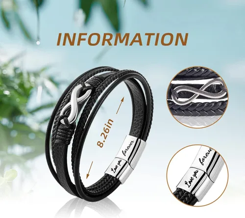 Miniatura 2 de Pulsera de cuero trenzado con texto en inglés «Love You Forever» para hombres y niños, pulsera inspiradora de acero inoxidable, pulsera de cuero