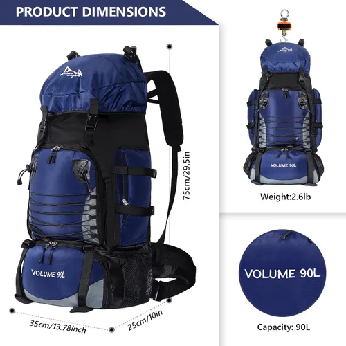 Miniatura 5 de Mochila de senderismo de 90L, bolsa de camping impermeable con cubierta de lluvia, mochila ligera para mochileros, sin marco Azul