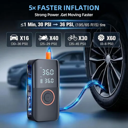 Miniatura 5 de Bomba de aire para neumáticos de automóvil, bomba de neumáticos inalámbrica de 150 PSI, 12 V CC y batería de doble potencia, compresor de aire