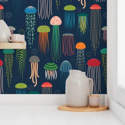 Miniatura 8 de Muestras de papel tapiz para despegar y pegar, medusas brillantes y modernas, animales coloridos océanos, natación, criaturas marinas, decoración