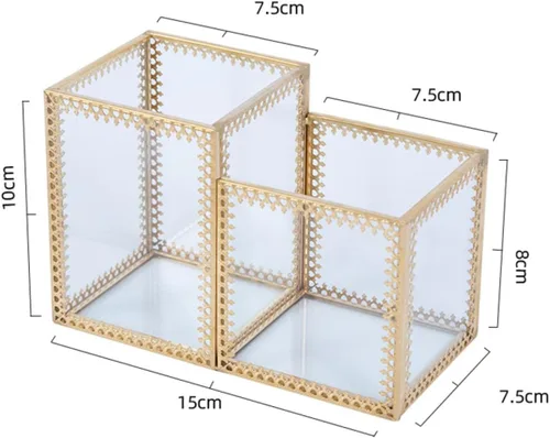 Miniatura 2 de ULTECHNOVO Two-compartment Glass Makeup Brush Holder Cosmetic Storage Organizer with Lace Design for Vanity Desk and Jewelry Display