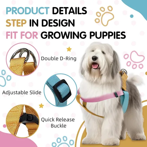 Miniatura 4 de Arnés de perro ajustable tricolor para perros pequeños y XS - Arnés resistente y fácil de caminar para cachorros, azul y rosa