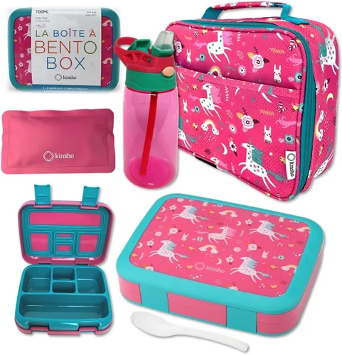Miniatura 13 de Lonchera Bento con bolsa aislada, juego de botella de agua para niños pequeños, 5 secciones de porciones, bandeja extraíble sin BPA, almuerzos
